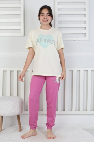 Garson Kız Çocuk Kalp Baskılı  %100 Pamuk Reaktif Boyama Süprem  Kumaş Kısa Kollu Pijama Takımı 