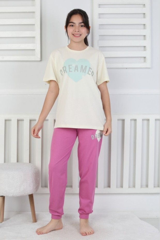 Garson Kız Çocuk Kalp Baskılı  %100 Pamuk Reaktif Boyama Süprem  Kumaş Kısa Kollu Pijama Takımı 