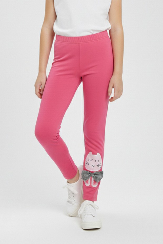 Kız Çocuk Kedi Nakışlı Ve Fiyonk Detaylı Esnek Pamuklu Tayt