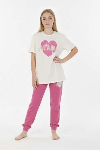 Garson Kız Çocuk Kalp Baskılı  %100 Pamuk Reaktif Boyama Süprem  Kumaş Kısa Kollu Pijama Takımı 