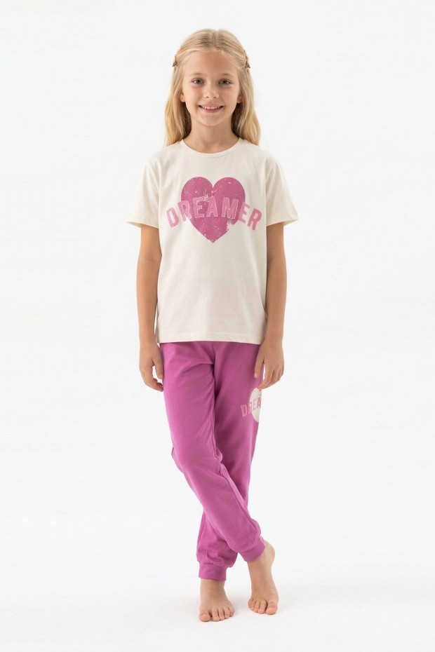 Garson Kız Çocuk Kalp Baskılı  %100 Pamuk Reaktif Boyama Süprem  Kumaş Kısa Kollu Pijama Takımı 