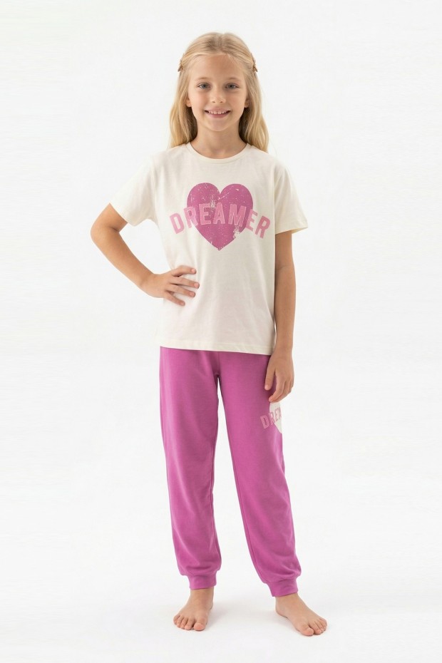 Garson Kız Çocuk Kalp Baskılı  %100 Pamuk Reaktif Boyama Süprem  Kumaş Kısa Kollu Pijama Takımı 