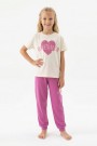 Garson Kız Çocuk Kalp Baskılı  %100 Pamuk Reaktif Boyama Süprem  Kumaş Kısa Kollu Pijama Takımı 