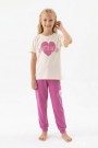 Garson Kız Çocuk Kalp Baskılı  %100 Pamuk Reaktif Boyama Süprem  Kumaş Kısa Kollu Pijama Takımı 