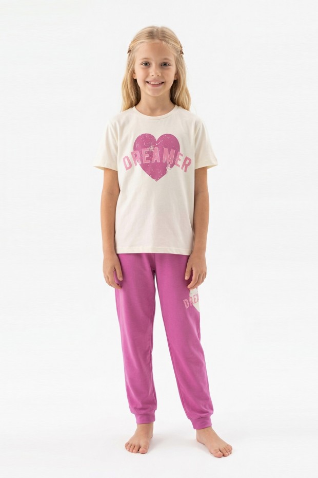 Garson Kız Çocuk Kalp Baskılı  %100 Pamuk Reaktif Boyama Süprem  Kumaş Kısa Kollu Pijama Takımı 