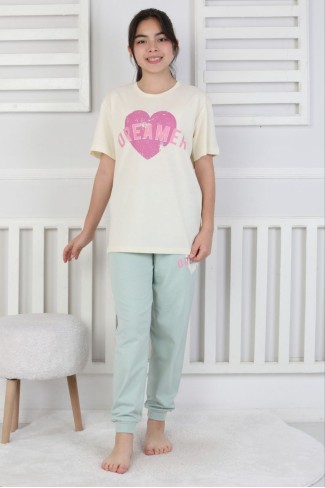 Garson Kız Çocuk Kalp Baskılı  %100 Pamuk Reaktif Boyama Süprem  Kumaş Kısa Kollu Pijama Takımı