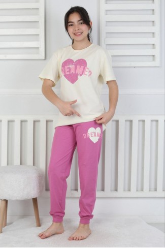 Garson Kız Çocuk Kalp Baskılı  %100 Pamuk Reaktif Boyama Süprem  Kumaş Kısa Kollu Pijama Takımı 