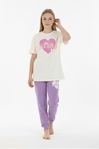 Garson Kız Çocuk Kalp Baskılı  %100 Pamuk Reaktif Boyama Süprem  Kumaş Kısa Kollu Pijama Takımı 