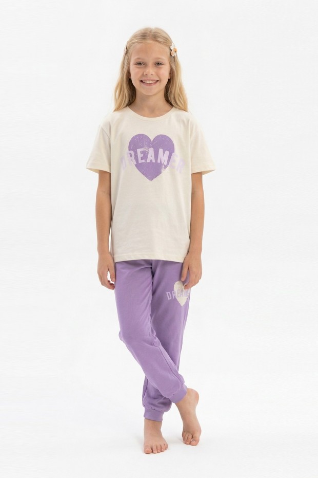 Garson Kız Çocuk Kalp Baskılı  %100 Pamuk Reaktif Boyama Süprem  Kumaş Kısa Kollu Pijama Takımı 