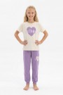 Garson Kız Çocuk Kalp Baskılı  %100 Pamuk Reaktif Boyama Süprem  Kumaş Kısa Kollu Pijama Takımı 