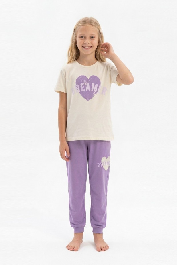 Garson Kız Çocuk Kalp Baskılı  %100 Pamuk Reaktif Boyama Süprem  Kumaş Kısa Kollu Pijama Takımı 