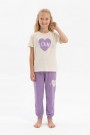 Garson Kız Çocuk Kalp Baskılı  %100 Pamuk Reaktif Boyama Süprem  Kumaş Kısa Kollu Pijama Takımı 