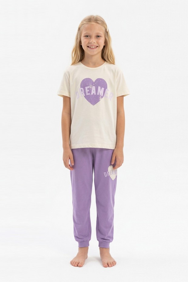 Garson Kız Çocuk Kalp Baskılı  %100 Pamuk Reaktif Boyama Süprem  Kumaş Kısa Kollu Pijama Takımı 