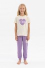 Garson Kız Çocuk Kalp Baskılı  %100 Pamuk Reaktif Boyama Süprem  Kumaş Kısa Kollu Pijama Takımı 