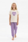 Garson Kız Çocuk Kalp Baskılı  %100 Pamuk Reaktif Boyama Süprem  Kumaş Kısa Kollu Pijama Takımı 