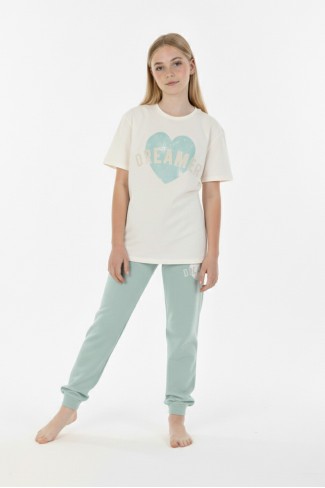 Garson Kız Çocuk Kalp Baskılı  %100 Pamuk Reaktif Boyama Süprem  Kumaş Kısa Kollu Pijama Takımı