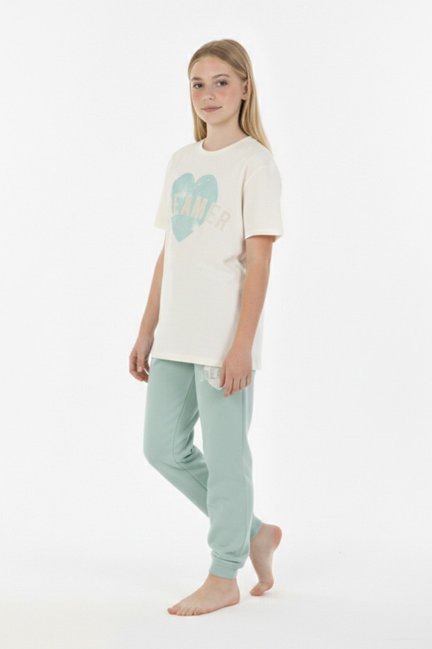 Garson Kız Çocuk Kalp Baskılı  %100 Pamuk Reaktif Boyama Süprem  Kumaş Kısa Kollu Pijama Takımı