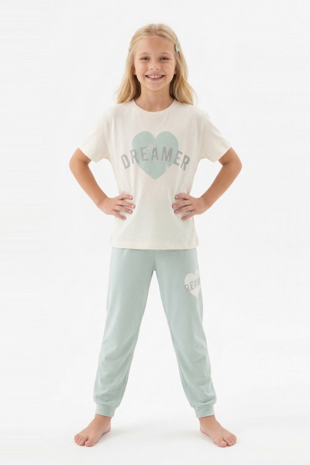 Garson Kız Çocuk Kalp Baskılı  %100 Pamuk Reaktif Boyama Süprem  Kumaş Kısa Kollu Pijama Takımı