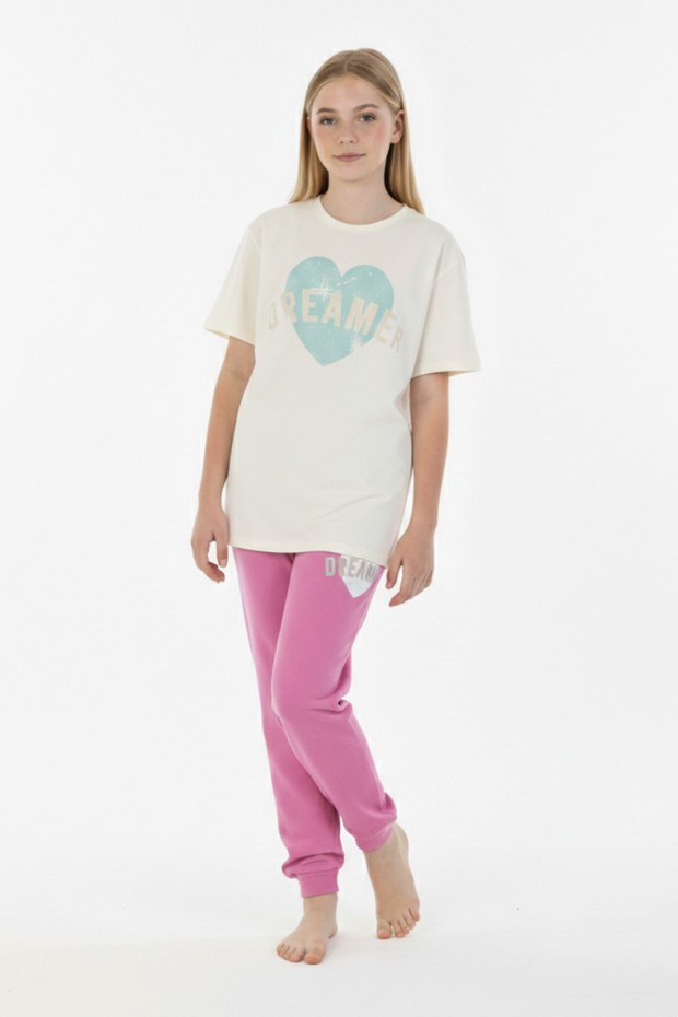 Garson Kız Çocuk Kalp Baskılı  %100 Pamuk Reaktif Boyama Süprem  Kumaş Kısa Kollu Pijama Takımı 