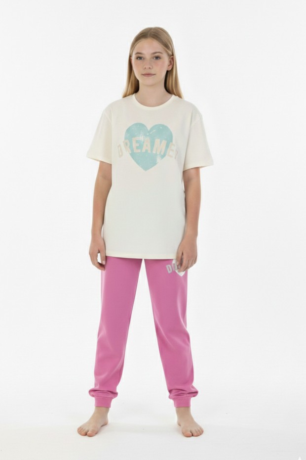 Garson Kız Çocuk Kalp Baskılı  %100 Pamuk Reaktif Boyama Süprem  Kumaş Kısa Kollu Pijama Takımı 