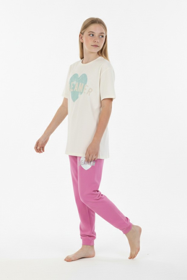 Garson Kız Çocuk Kalp Baskılı  %100 Pamuk Reaktif Boyama Süprem  Kumaş Kısa Kollu Pijama Takımı 