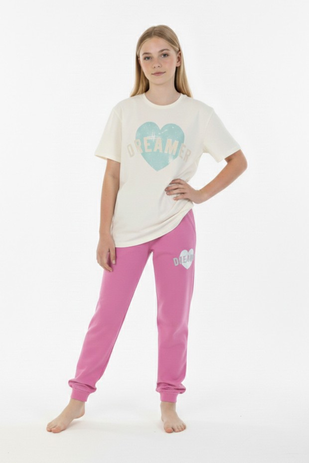 Garson Kız Çocuk Kalp Baskılı  %100 Pamuk Reaktif Boyama Süprem  Kumaş Kısa Kollu Pijama Takımı 