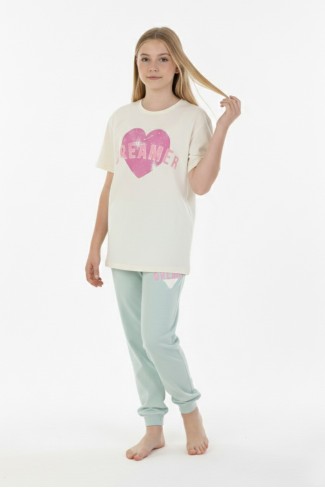 Garson Kız Çocuk Kalp Baskılı  %100 Pamuk Reaktif Boyama Süprem  Kumaş Kısa Kollu Pijama Takımı