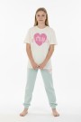 Garson Kız Çocuk Kalp Baskılı  %100 Pamuk Reaktif Boyama Süprem  Kumaş Kısa Kollu Pijama Takımı
