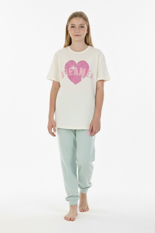 Garson Kız Çocuk Kalp Baskılı  %100 Pamuk Reaktif Boyama Süprem  Kumaş Kısa Kollu Pijama Takımı