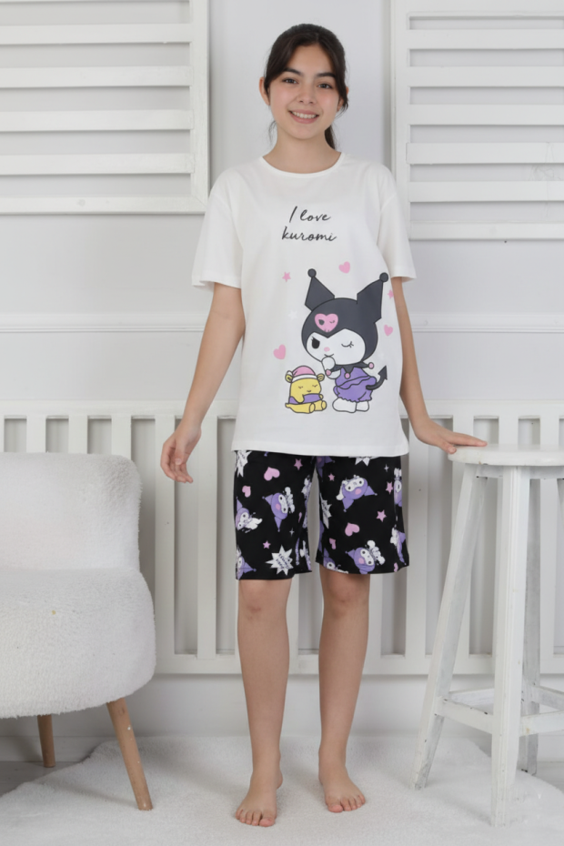 Garson Kız Çocuk Baskılı %100 Pamuk Reaktif Boyalı Süprem Kumaş Kısa Kollu Şortlu Pijama Takımı