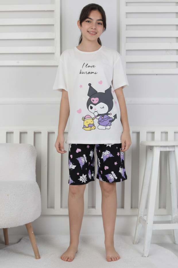 Garson Kız Çocuk Baskılı %100 Pamuk Reaktif Boyalı Süprem Kumaş Kısa Kollu Şortlu Pijama Takımı