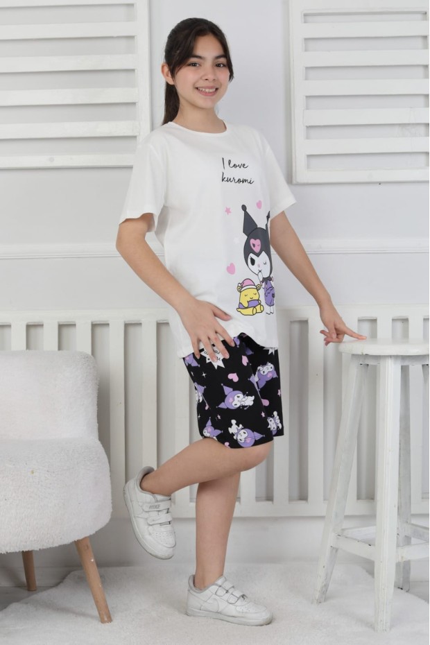 Garson Kız Çocuk Baskılı %100 Pamuk Reaktif Boyalı Süprem Kumaş Kısa Kollu Şortlu Pijama Takımı