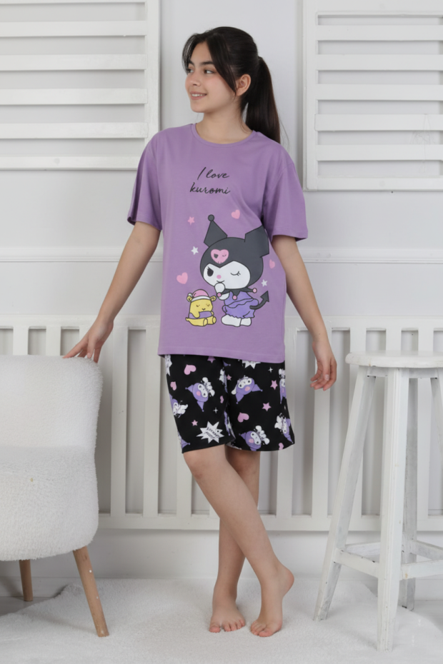 Garson Kız Çocuk Baskılı %100 Pamuk Reaktif Boyalı Süprem Kumaş Kısa Kollu Şortlu Pijama Takımı