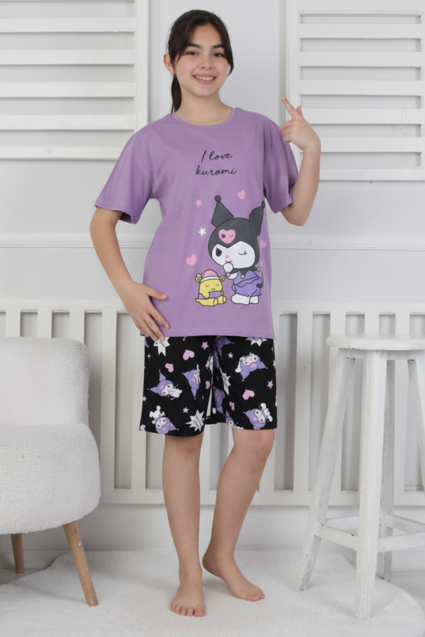 Garson Kız Çocuk Baskılı %100 Pamuk Reaktif Boyalı Süprem Kumaş Kısa Kollu Şortlu Pijama Takımı