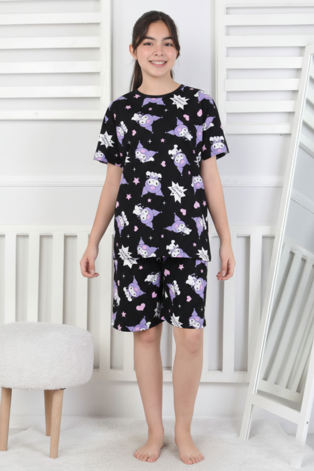 Garson Kız Çocuk Baskılı %100 Pamuk Reaktif Boyalı Süprem Kumaş Kısa Kollu Şortlu Pijama Takımı