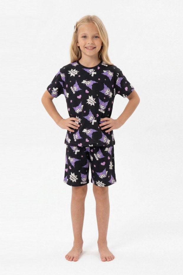 Garson Kız Çocuk Baskılı %100 Pamuk Reaktif Boyalı Süprem Kumaş Kısa Kollu Şortlu Pijama Takımı