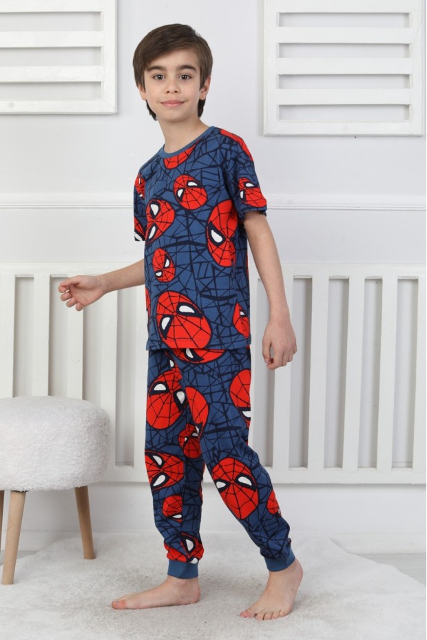 Erkek Çocuk Örümcek Adam Desenli %100 Pamuk Süprem Kumaş Kısa Kollu Pijama Takımı