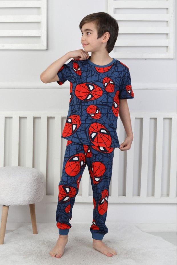 Erkek Çocuk Örümcek Adam Desenli %100 Pamuk Süprem Kumaş Kısa Kollu Pijama Takımı