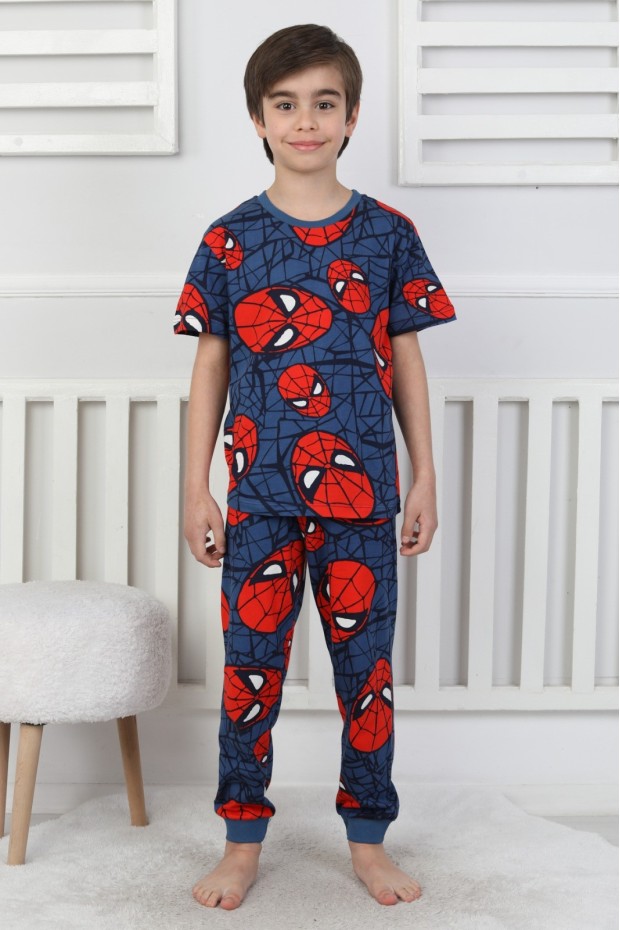 Erkek Çocuk Örümcek Adam Desenli %100 Pamuk Süprem Kumaş Kısa Kollu Pijama Takımı