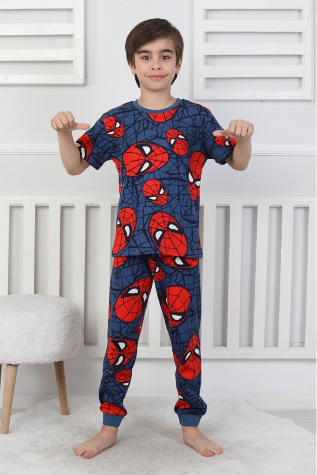 Erkek Çocuk Örümcek Adam Desenli %100 Pamuk Süprem Kumaş Kısa Kollu Pijama Takımı