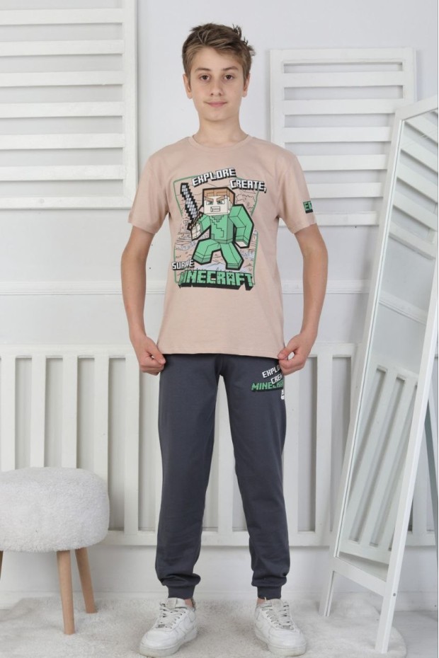 Garson Erkek Çocuk Baskılı %100 Pamuk Reaktif Boyama Süprem Pijama Takımı