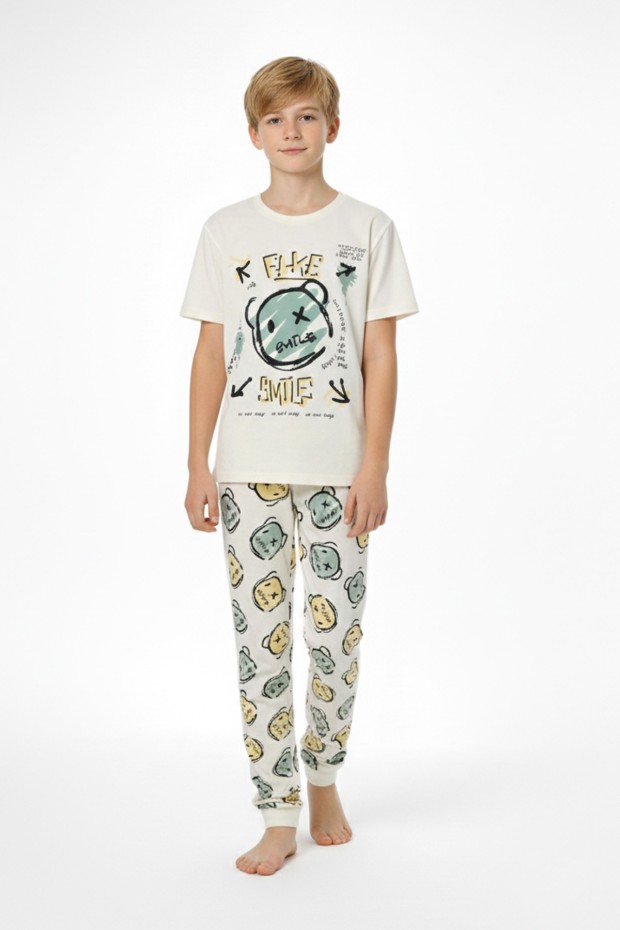 Garson Erkek Çocuk Çoklu Gülen Yüz Baskılı %100 Pamuk Reaktif Boyama Süprem Pijama Takımı