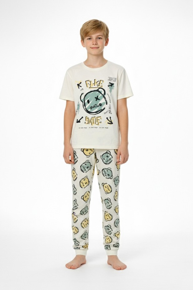 Garson Erkek Çocuk Çoklu Gülen Yüz Baskılı %100 Pamuk Reaktif Boyama Süprem Pijama Takımı