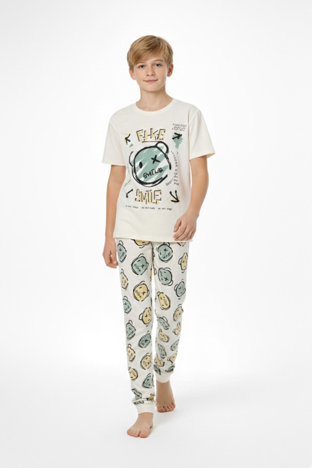 Garson Erkek Çocuk Çoklu Gülen Yüz Baskılı %100 Pamuk Reaktif Boyama Süprem Pijama Takımı