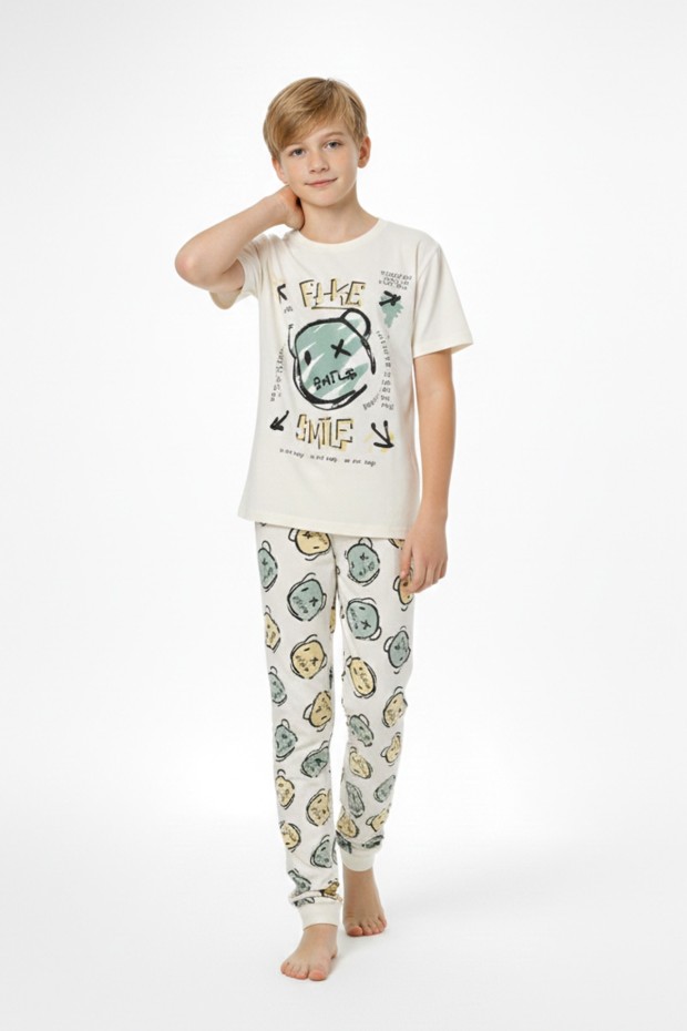 Garson Erkek Çocuk Çoklu Gülen Yüz Baskılı %100 Pamuk Reaktif Boyama Süprem Pijama Takımı