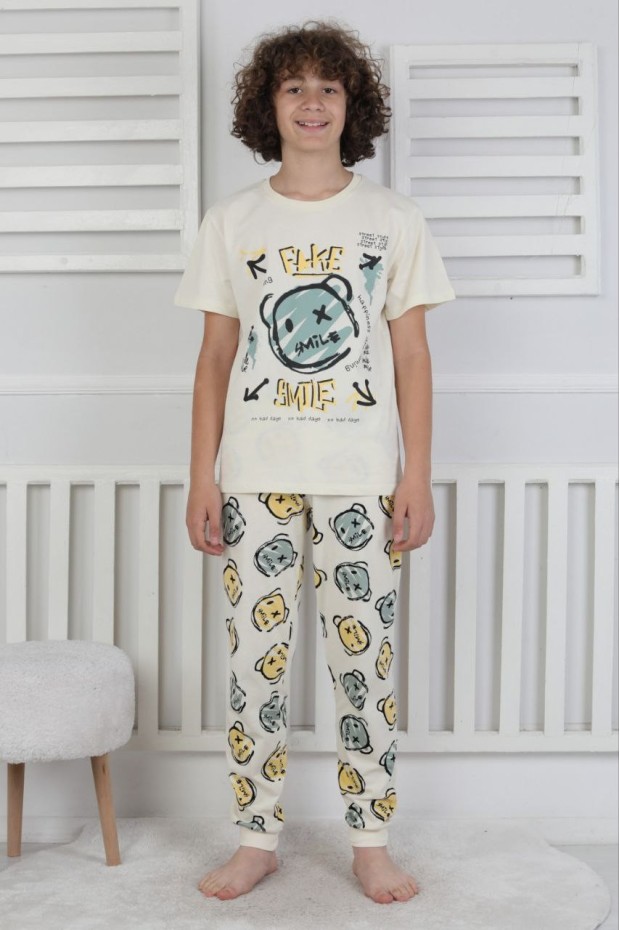 Garson Erkek Çocuk Çoklu Gülen Yüz Baskılı %100 Pamuk Reaktif Boyama Süprem Pijama Takımı