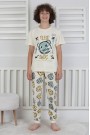 Garson Erkek Çocuk Çoklu Gülen Yüz Baskılı %100 Pamuk Reaktif Boyama Süprem Pijama Takımı