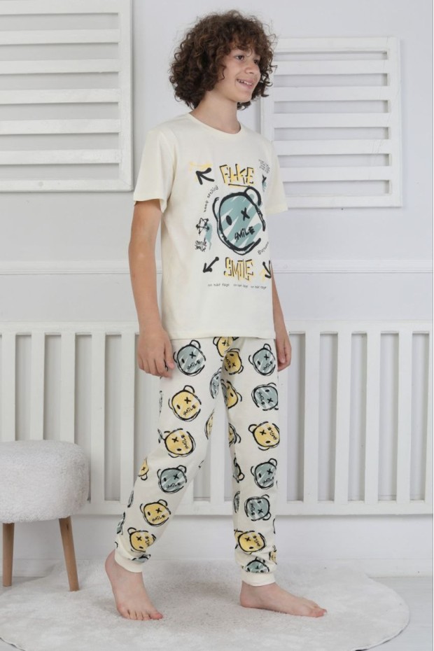 Garson Erkek Çocuk Çoklu Gülen Yüz Baskılı %100 Pamuk Reaktif Boyama Süprem Pijama Takımı