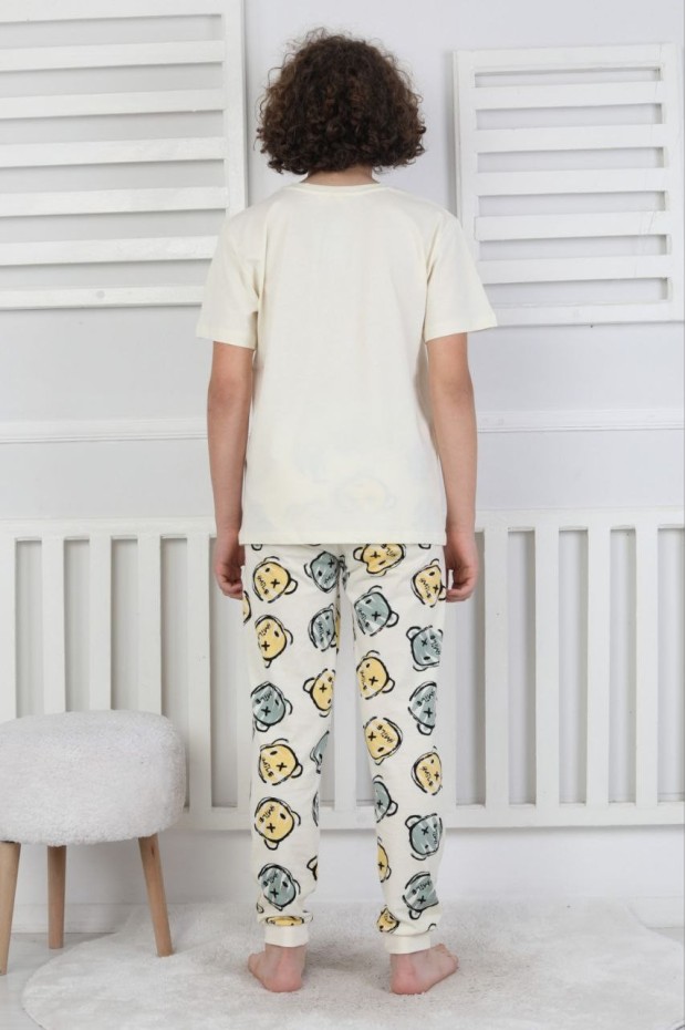 Garson Erkek Çocuk Çoklu Gülen Yüz Baskılı %100 Pamuk Reaktif Boyama Süprem Pijama Takımı