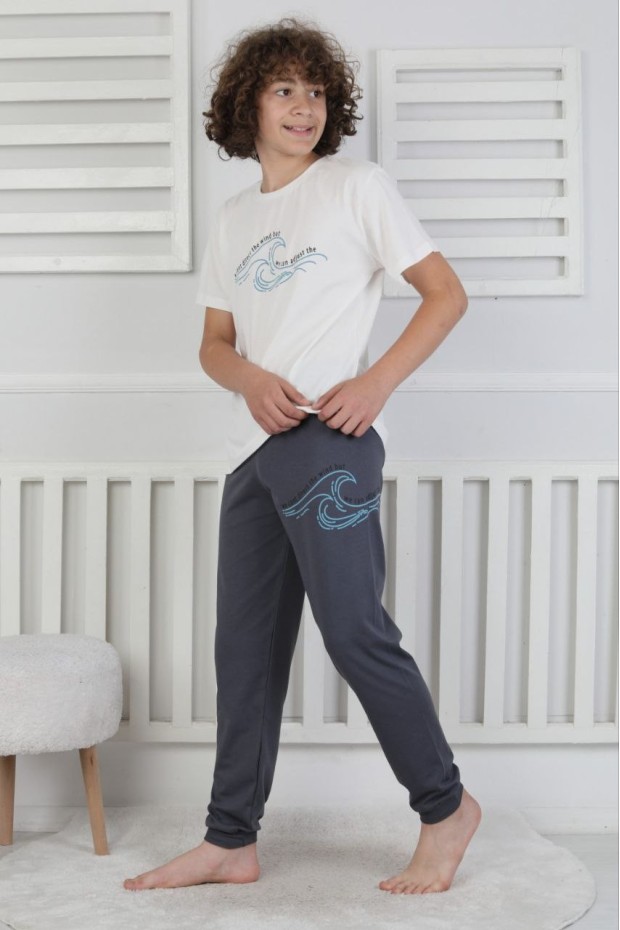 Garson Erkek Çocuk Dalga Desen Arka Baskılı %100 Pamuk Reaktif Boyama Süprem Pijama Takımı